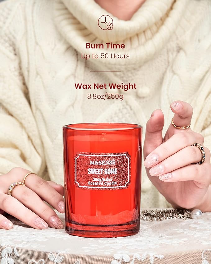 M&SENSE Cinnamon Apple Scented Candles, Christmas Candle 8.8 oz Glitter Jar Candles, Holiday Candles Gifts for Women, Strong Scented Natural Soy Candle for Christmas Home Decor, 50 Hours Long Burning