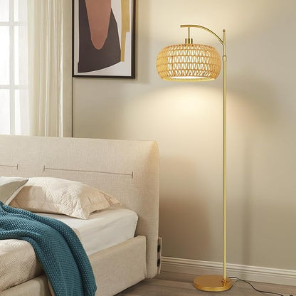 Gold Floor Lamps for Living Room Boho Rattan Floor Lamp with Remote Control & Wicker Lampshades,Vintage Brass Standing Lamp Dimmable Tall Floor Lamp for Bedroom Living Room Corner