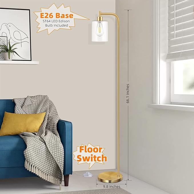 Industrial Floor Lamp with Hanging Glass Shade Brass Gold Farmhouse Indoor Pole Light with Edison E26 Base Vintage Rustic Standing Tall Lighting for Living Room Bedroom Office(ST64 Bulb Included)