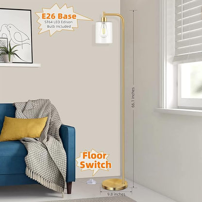 Industrial Floor Lamp with Hanging Glass Shade Brass Gold Farmhouse Indoor Pole Light with Edison E26 Base Vintage Rustic Standing Tall Lighting for Living Room Bedroom Office(ST64 Bulb Included)