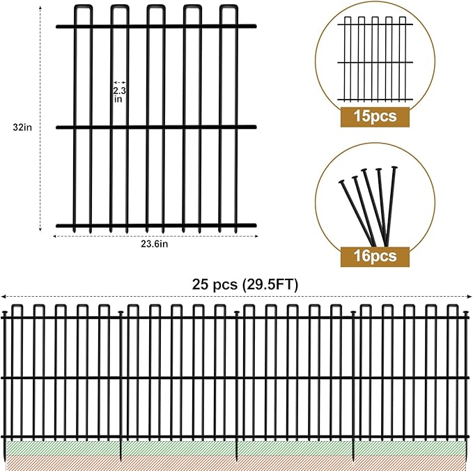 15 Panels No Dig Animal Barrier Fence, 32in(H) x 30ft(L) Garden Edging Border Fencing, Rustproof Metal Stakes Decorative Garden Fence, Dog Digging Defense Fencing Barrier for Outdoor, Yard, Patio