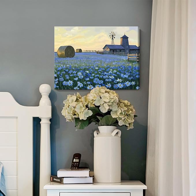 ARTZON Farmhouse Floral Wall Art – Rustic Bathroom Decor Artwork Horizontal Landscape Canvas Print, Barn Windmill with Blue Flower Daisies Field, Country Sunset Nature Scene Picture, Small 16x12 Inch