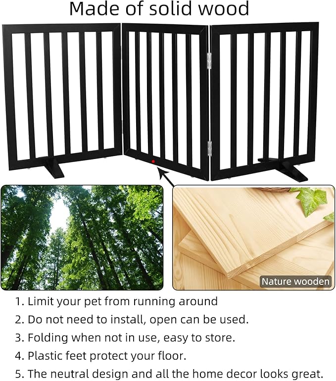 Dog Gate Indoor, Freestanding Dog Fence for The House, Doorways, Hallways,or Stairs,Pet Gate Foldable Wooden,Expandable 32" Height 3 Panels,Black