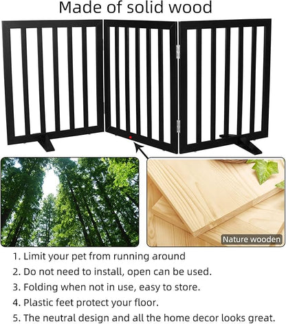 Dog Gate Indoor, Freestanding Dog Fence for The House, Doorways, Hallways,or Stairs,Pet Gate Foldable Wooden,Expandable 32" Height 3 Panels,Black