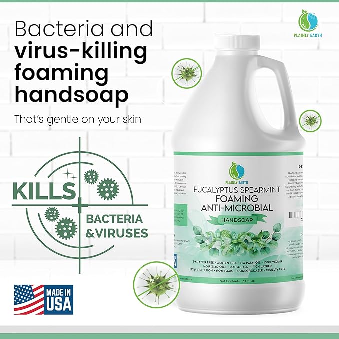 AntiMicrobial Hand Soap 64 oz - Eucalyptus Spearmint Gentle Foaming Liquid Hand Soap Refill Antibacterial - Moisturizing, Long Lasting Freshness & Safe for Skin