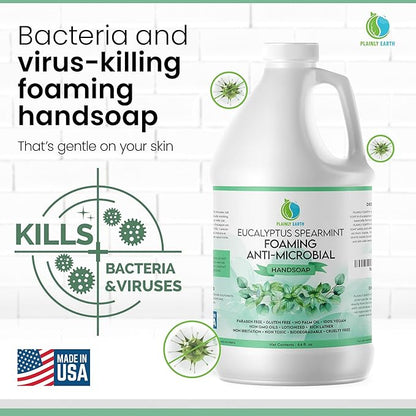 AntiMicrobial Hand Soap 64 oz - Eucalyptus Spearmint Gentle Foaming Liquid Hand Soap Refill Antibacterial - Moisturizing, Long Lasting Freshness & Safe for Skin