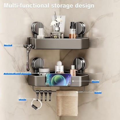 Suction Cup Shower Caddy Corner, 1 Pack Suction Corner Shower Shelves No Drilling, Rustproof Shower Organizer Suction Cup with Towel Holder & Hooks Removable Bathroom Storage Rack(Gray)