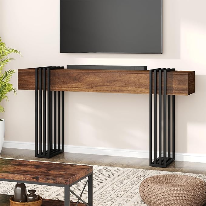 63 Inch Long Console Table, Extra Thick Industrial Sofa Table Behind The Couch Rectangular Entryway Table for Entrance Hallway Living Room, Entire top Board & 4-Pipe Legs, Rustic Brown