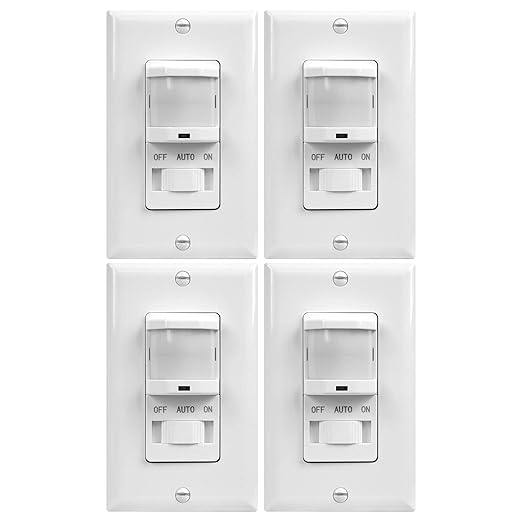 TOPGREENER in-Wall PIR Motion Sensor Light Switch, Motion Sensor Switch, Occupancy Sensor Switch, On/Off Override, 4A, 500W, Single Pole, 𝐍𝐞𝐞𝐝 𝐍𝐞𝐮𝐭𝐫𝐚𝐥 𝐖𝐢𝐫𝐞, TSOS5, White, 4 Pack