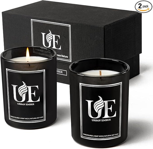 2 Pack Scented Candle Set for Men | Black Candles Set of Amber Wood，Oud Vanilla | 110 Hour Long Lasting Candles for Home Scented | Made with Soy Wax | 16 oz