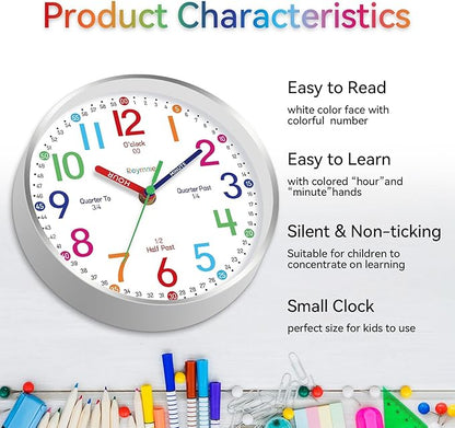 14 Inch Wall Clock for Kids Learning to Tell Time, Modern Silent Battery Operated Teaching Clock, Ideal Gift for Kids Room School