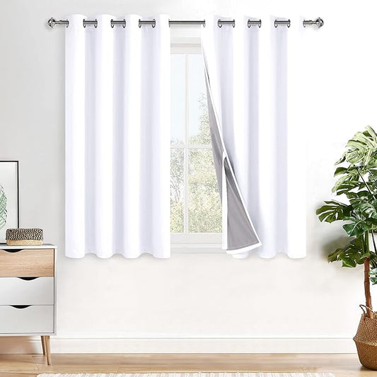 XWZO 100% Blackout Curtains with Tiebacks- Double Layers Completely Shaded Window Panels Thermal Insulated Lined Drapes with Grommets for Bedroom/Living Room, White, W52 x L54, Set of 2 Panels