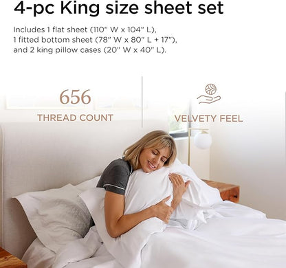 Threadmill American Supima King Size Sheets Set | 656 Thread Count 4 Piece Luxury Bed Sheets for King Size Mattress | 5 Star Hotel Quality Sheets with Elasticized Extra Deep Pocket | White Sheets