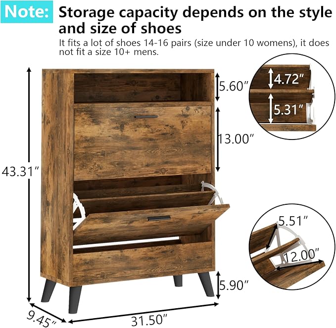 Shoe Storage Cabinets, 16 Pairs Free Standing Shoe Organizer with 2 Flip Drawers for Entryway, Narrow 3 Tier Entryway Hidden Shoe Rack with Doors (Rustic)