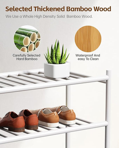 Bamboo Shoe Rack for Closet Small Wooden Shoe Organizer with Pouch, Sturdy Wood Shoe Shelf for Front Door Entrance Entryway and Outdoor, 26 inch Wide (White, 3-Tier)