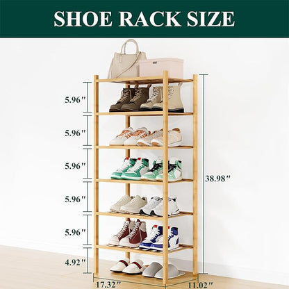 Smiry Shoe Rack, 6 Tier Small Bamboo Shoe Organizer, Stackable Free Standing Wooden Shoe Storage Shelf for Closet, Entryway, Front Door Entrance, Natural