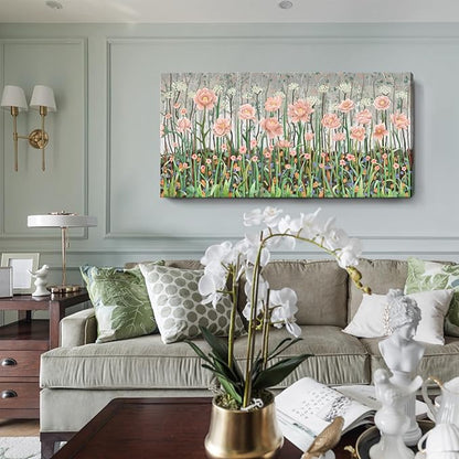 amatop Large Floral Wall Art Modern Abstract Flower Field Canvas Picture Botanical Artwork Rustic Wall Decor for Living Room Bedroom Pink Green Blooming Wildflower Forest Nature Art Print 48x24in