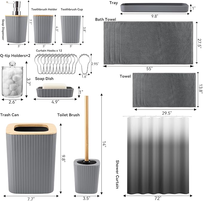 Bathroom Set - Grey Bathroom Accessories Set with Shower Curtain, Bath Towels, Soap Dispenser, Toilet Brush, Trash Can, Grey Bathroom Accessories Sets Complete for Housewarming