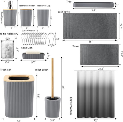 Bathroom Set - Grey Bathroom Accessories Set with Shower Curtain, Bath Towels, Soap Dispenser, Toilet Brush, Trash Can, Grey Bathroom Accessories Sets Complete for Housewarming