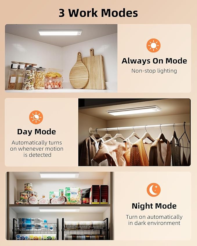 EZVALO 250LM Super Bright Under Cabinet Lighting Wireless, 8000mAh Rechargeable Battery Motion Sensor Light Indoor, Dimmable Under Counter Lights for Kitchen, 3-Inch Ultra-Wide Panel Closet Light