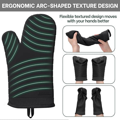 Beneno Premium Silicone Oven Mitts 2-Pack Heat Resistant 500°F, Soft Flexible Non-Slip Grips, BPA-Free & Waterproof Oven Mitts with Comfort Cotton Lining for Baking, Grilling, Cooking, 7"x13", Black