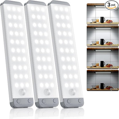 Under Cabinet Lights 3-Pack, 8.3 Inch Motion Sensor Light Indoor,USB-C Rechargeable 1500mAh Magnetic & Dimmable 30 LEDs Cool White for Kitchen, Closet, Hallway
