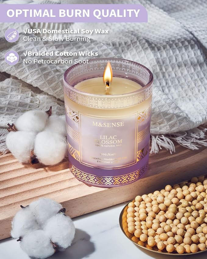 M&SENSE Lilac Blossom Soy Candles for Home Scented, 7.4oz 45 Hour Long Burning, Winter Aromatherapy Candle for Spa Meditation Yoga, Housewarming New Year Gifts for Her