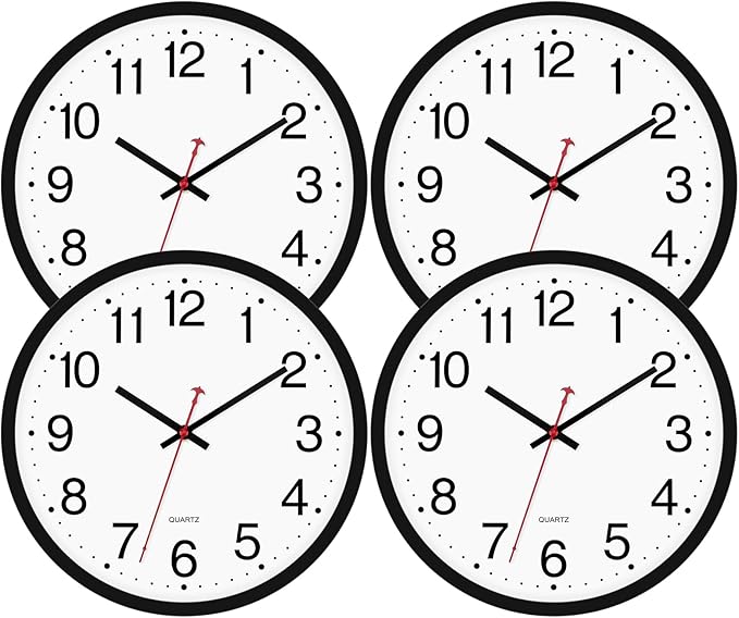 Foxtop 4 Pack Multi-Time Zone Black Wall Clock, 12 Inch Silent Non Ticking Quartz Battery Operated Round Classic Analog Wall Clock for Classroom School Office Living Room Bedroom Home