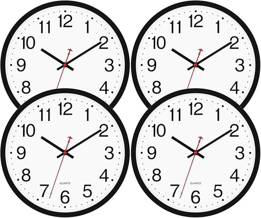 Foxtop 4 Pack Multi-Time Zone Black Wall Clock, 12 Inch Silent Non Ticking Quartz Battery Operated Round Classic Analog Wall Clock for Classroom School Office Living Room Bedroom Home