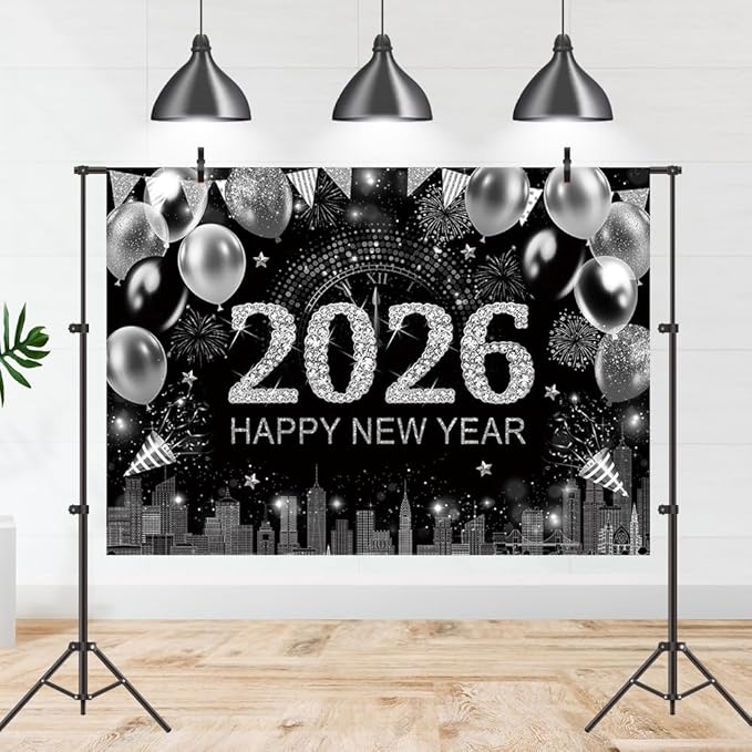 Silver 2026 Happy New Year Backdrop 7x5ft with Firework Balloon Decorations Photography Background New Year Eve Party Photo Studio Props