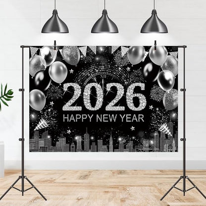 Silver 2026 Happy New Year Backdrop 7x5ft with Firework Balloon Decorations Photography Background New Year Eve Party Photo Studio Props