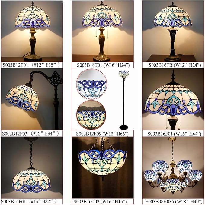 WERFACTORY Tiffany Floor Lamp Navy Blue White Stained Glass Arched Lamp 12X18X64 Inches Gooseneck Adjustable Corner Standing Reading Light Decor Bedroom Living Room S003B Series