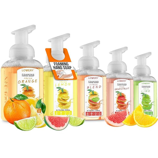 Foaming Hand Soap Pump - 5-PK - Moisturizing Hand Soap Foam with Aloe Vera & Essential Oils - Alcohol-Free Hand Wash in Citrus Blend, Lemon, Orange, Lime, Grapefruit Fragrances for Kitchen & Bathroom
