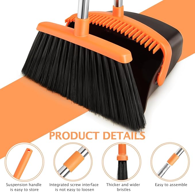 Broom and Dustpan Set,Dustpans with Broom Combo for Home,Heavy Dust Broom and Dustpan Combo,Long Handle Dust Pan and Broom Set for Kitchen Office,Pet Hair(Brown Orange)