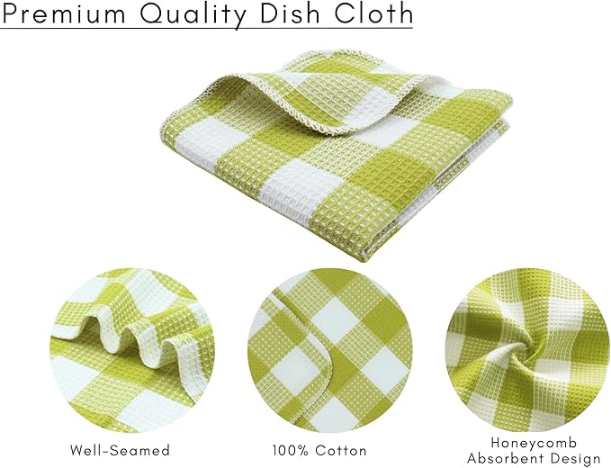 Waffle Weave Plaid Dish Cloths, 100% Cotton - 12 x 12 Inches, Ultra Soft Absorbent Quick Drying Dish Towels Buffalo Check Dish Rags for Kitchen, 8 Pack - Fall Thanksgiving - Light Green & White