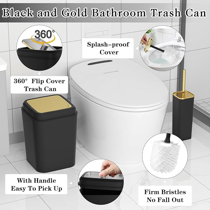 Bathroom Accessories Set - Black Bathroom Set, 9PC Bathroom Accessory Set with Trash Can, Toilet Brush, Qtip Holder Dispenser & Soap