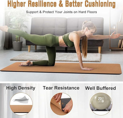 Premium Cork Yoga Mat 1/4 & 2/5 Inch Thick 72 x 26 in, Thick Cork and TPE Non Slip Yoga Mats for Women Men, Sweat Proof Eco-friendly, Great for Hot Yoga & Workouts
