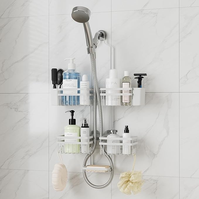 Shower Caddy Hanging for Bathroom Organizers and Storage - 3-Tier Adjustable Anti-Swing Shower Organizer for Handheld Showerhead with Heavy-Duty Suction Cups, Damage-Free Rustproof (White)