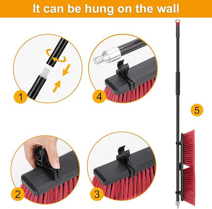 18 inches Push Broom Outdoor Garden Broom with 63" Long Handle for Deck Driveway Garage Yard Patio Concrete Floor Cleaning(Red)