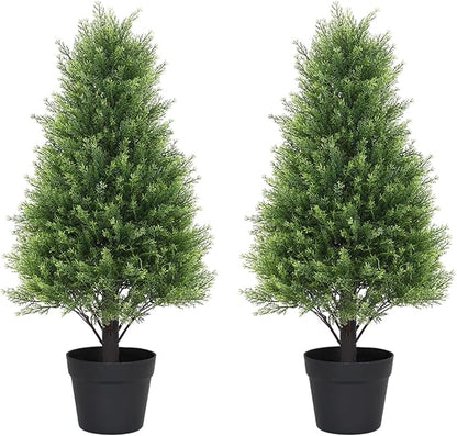 Artificial Cedar Topiary Trees Set of 2, 30'' UV Resistant Faux Cypress Pine Plants Outdoor, 2.5ft Large Realistic Faux Evergreen Cone Bushes & Shrubs for Front Porch Planter Christmas Decor