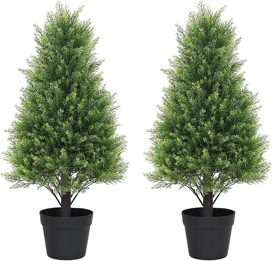 Artificial Cedar Topiary Trees Set of 2, 30'' UV Resistant Faux Cypress Pine Plants Outdoor, 2.5ft Large Realistic Faux Evergreen Cone Bushes & Shrubs for Front Porch Planter Christmas Decor