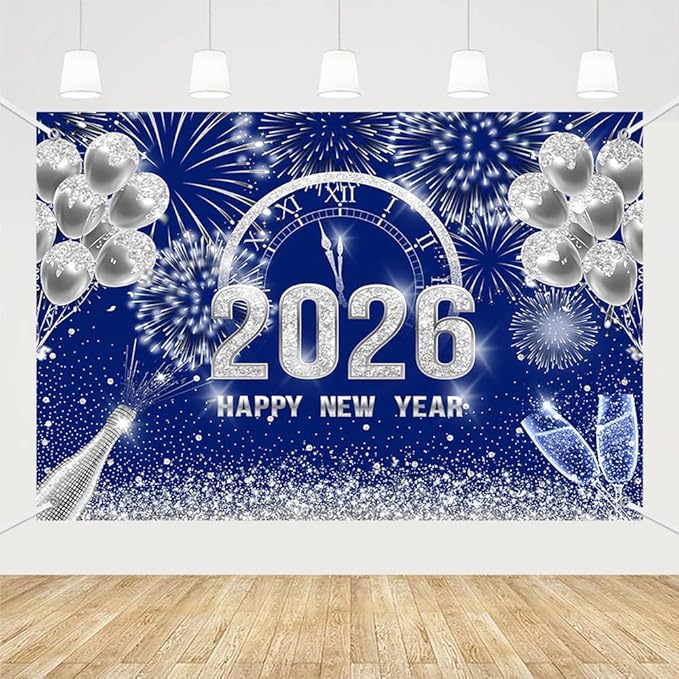MEHOFOND 7x5 ft Blue and Silver 2026 Happy New Year Backdrop Cheers to 2026 New Year Eve Glitter Photography Background Hello 2026 Party Champagne Balloon Fireworks Decor Banner Cake Smash Photo Props