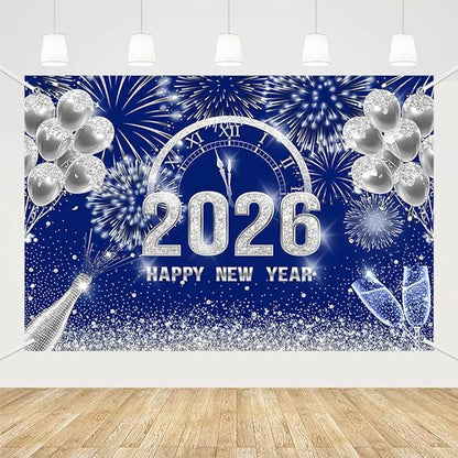 MEHOFOND 7x5 ft Blue and Silver 2026 Happy New Year Backdrop Cheers to 2026 New Year Eve Glitter Photography Background Hello 2026 Party Champagne Balloon Fireworks Decor Banner Cake Smash Photo Props
