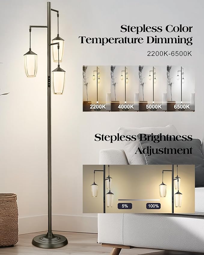 ELYONA Modern Dimmable Floor Lamp, 3-Light Standing Lamp with Remote & Touch Control, Stepless Adjustable 2200K-6500K Colors & Brightness 24W LED Reading Light for Bedroom Living Room Office, Black
