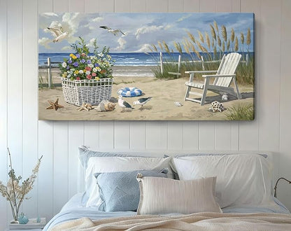 ARTZON Beach Pictures Wall Art – Blue Seascape Extra Large Ocean Scenery Print Floral Decorations Artwork Relaxing Seagulls Canvas Wall-decor for Restroom, Bedroom, Office, 58x29 Inch