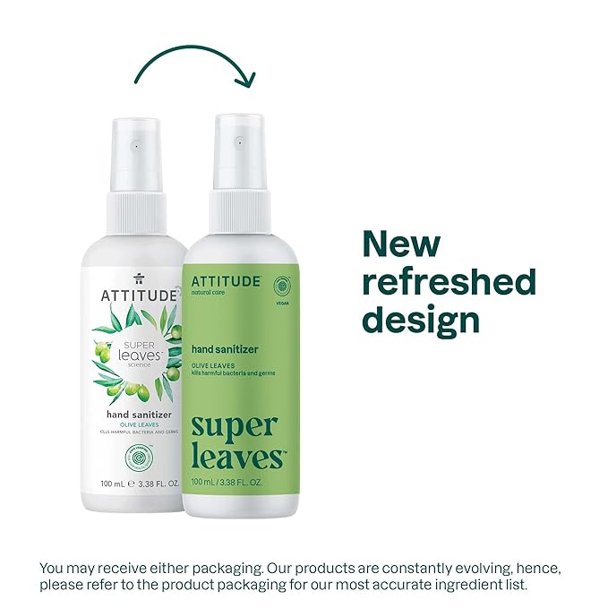 ATTITUDE Hand Sanitizer Spray for Adults and Kids, EWG Verified, Kills Bacteria and Germs, Vegan, Olive Leaves, 3.38 Fl Oz (Spray Bottle) (Pack of 6)
