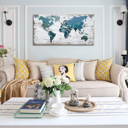 Teal Decor World Map Canvas Wall Art Pictures for Living Room Wall Decoration Blue Wall Decor Office World Map Wall Art Picture Framed Artwork for Home Bedroom Decoration 30"x60"