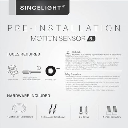 SINCELIGHT PIR Motion Sensor 7W LED Ceiling Light (Φ6''/146mm), Automatically ON/Off, Movement Activated, Cool White 6000K, Surface/Flush Mount for Closet,Cabinet,Hallway, Damp Use, Pack of 1