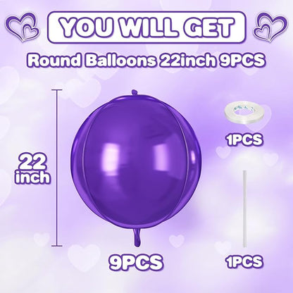 Purple Round Foil Balloons 9 pcs,Purple Giant 4D Round Balloons 22 Inch for Wedding Graduation Anniversary Baby Shower Birthday Party Decorations