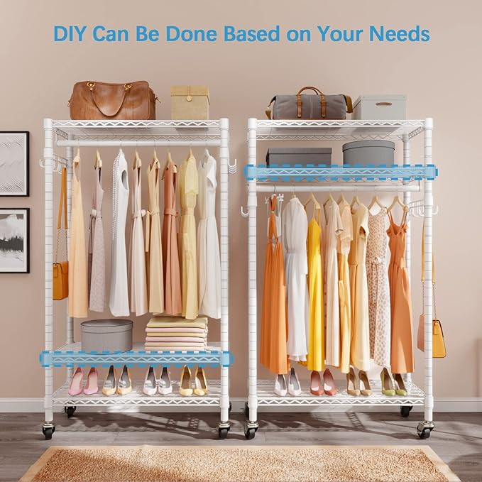 VIPEK R3 Rolling Clothing Rack Heavy Duty Garment Rack for Hanging Clothes, Portable Closet Wardrobe with Wheels and Side Hooks, Adjustable Freestanding Metal Clothes Rack with Shelves, White